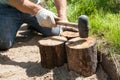Worker making a walk path in garden decorated with wooden stumps. Royalty Free Stock Photo