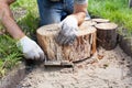 Worker making a walk path in garden decorated with wooden stumps. Royalty Free Stock Photo