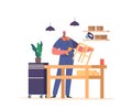 Worker Male Character Assembles Wooden Chair Using Tools Such As Drills, Hammers, And Screws. Pieces Are Joined Together Royalty Free Stock Photo