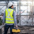 Worker man carrying aluminium ladder and tool box Royalty Free Stock Photo