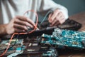 Worker man hand tester with computer.