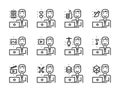 Worker man with laptop outline icon set. Creative work and social media.