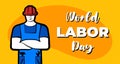 Worker man in red construction helmet and inscription World Labor Day. 1 may professional labour celebration greeting