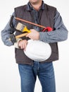 Worker man with tool builder over a white background