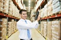 Worker man with warehouse barcode scanner