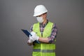 Worker man wearing face mask and protective hard hat Royalty Free Stock Photo