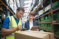 Worker and manager scanning package in warehouse Royalty Free Stock Photo