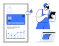 Worker Managing Digital Payments and Analytics on Tablet with Mobile Banking and Graph Interface Royalty Free Stock Photo