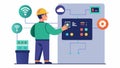 A worker is manually adjusting energy settings on a smart internetconnected control panel. The panel is integrated with Royalty Free Stock Photo
