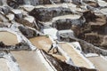 Worker Manually Extracting Salt From The Maras Salt Ponds, Peru Royalty Free Stock Photo