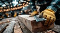 A worker measuring and cutting a wooden board Royalty Free Stock Photo