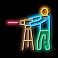 Worker Measuring Landscape neon glow icon illustration