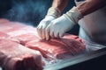 Worker at the meat factory pack the meat into the plastic foil. Generative AI