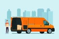 Worker in a medical mask loads boxes in a cargo van. Vector illustration