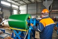 Worker at metal sheet profiling factory