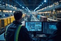 A worker monitors operations in a modern warehouse. Advanced systems improve logistics and efficiency. Technology and Royalty Free Stock Photo