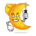 Worker moon mascot wearing hard hat and holding screwdriver,