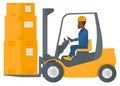 Worker moving load by forklift truck. Royalty Free Stock Photo