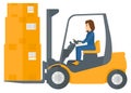 Worker moving load by forklift truck