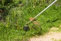 Worker mows grass and weeds with a lawn mower