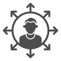 Worker multitasking solid icon. Finance efficient person with many arrows symbol, glyph style pictogram on white Royalty Free Stock Photo