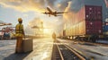 Worker Observing Airplane Flying Over Shipping Yard Royalty Free Stock Photo