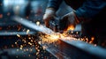 Skilled worker using cutting tool on metal with sparks flying in industrial workshop environment Royalty Free Stock Photo