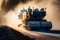 Worker operating asphalt paver machine finisher during road construction and repairing works. Neural network generated