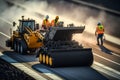 Worker operating asphalt paver machine finisher during road construction and repairing works. Neural network generated