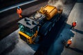 Worker operating asphalt paver machine finisher during road construction. AI generative Royalty Free Stock Photo