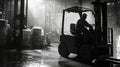 Worker Operating Forklift in Industrial Warehouse, Silhouette Style, with Soft Light Streaming Through, Highlighting Storage and Royalty Free Stock Photo