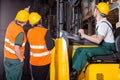 Worker operating forklift in warehouse