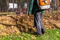 Worker operating heavy duty leaf blower in city park. Removing fallen leaves in autumn. Leaves swirling up. Foliage cleaning in Royalty Free Stock Photo