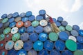 A worker organizes barrels at Karnafuli Rivers Sadarghat areas, Chittagong, Bangladesh. Royalty Free Stock Photo