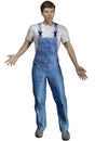 A worker in overalls asks a question, throws up his hands, a working movement. business employer and worker