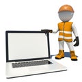 Worker in overalls holding laptop white empty