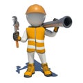 Worker in overalls holding wrench and sewer pipe Royalty Free Stock Photo