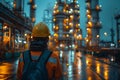 Worker overseeing petrochemical plant operations