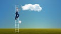 Worker painter stand on step-ladder and paint white cloud in blue sky Royalty Free Stock Photo
