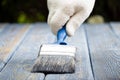 A worker painting a wooden wall. A man holding brush. A hand of worker painting wooden plank. A painter with paint brush Royalty Free Stock Photo