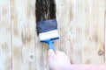 A worker painting a wooden wall. A man holding brush. A hand of worker painting wooden plank. A painter with paint brush Royalty Free Stock Photo