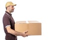 Worker with parcel in hand, logistics and shipping