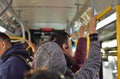 Worker People on Crowded MTA New York City Bus Transit Frustrated Passengers Delayed Service