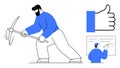 Worker with Pickaxe, Thumbs-Up Symbol, and Instructor at Whiteboard Effort and Learning Royalty Free Stock Photo