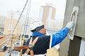 Worker at plastering facade work Royalty Free Stock Photo