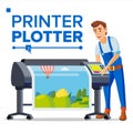 Worker With Plotter Vector. Man. Large Format Multifunction Printer. Polygraphy Service. Isolated Flat Cartoon