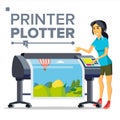 Worker With Plotter Vector. Woman. Full Color Latex, Laser Printer. Printshop Service. Isolated Flat Cartoon