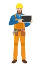 Worker pointing at digital tablet PC