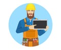 Worker pointing at digital tablet PC