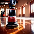 Worker polishing floor with polishing machine, maintenance janitorial work on building